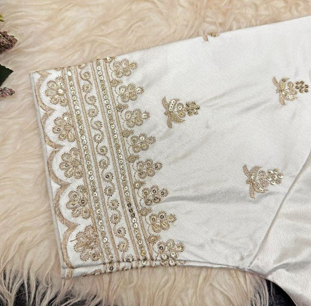 Women's Satin Embroidered Half sleeve V-Neck Padded Readymade Blouse (White, Size 38 - Self-Alterable 36�40)