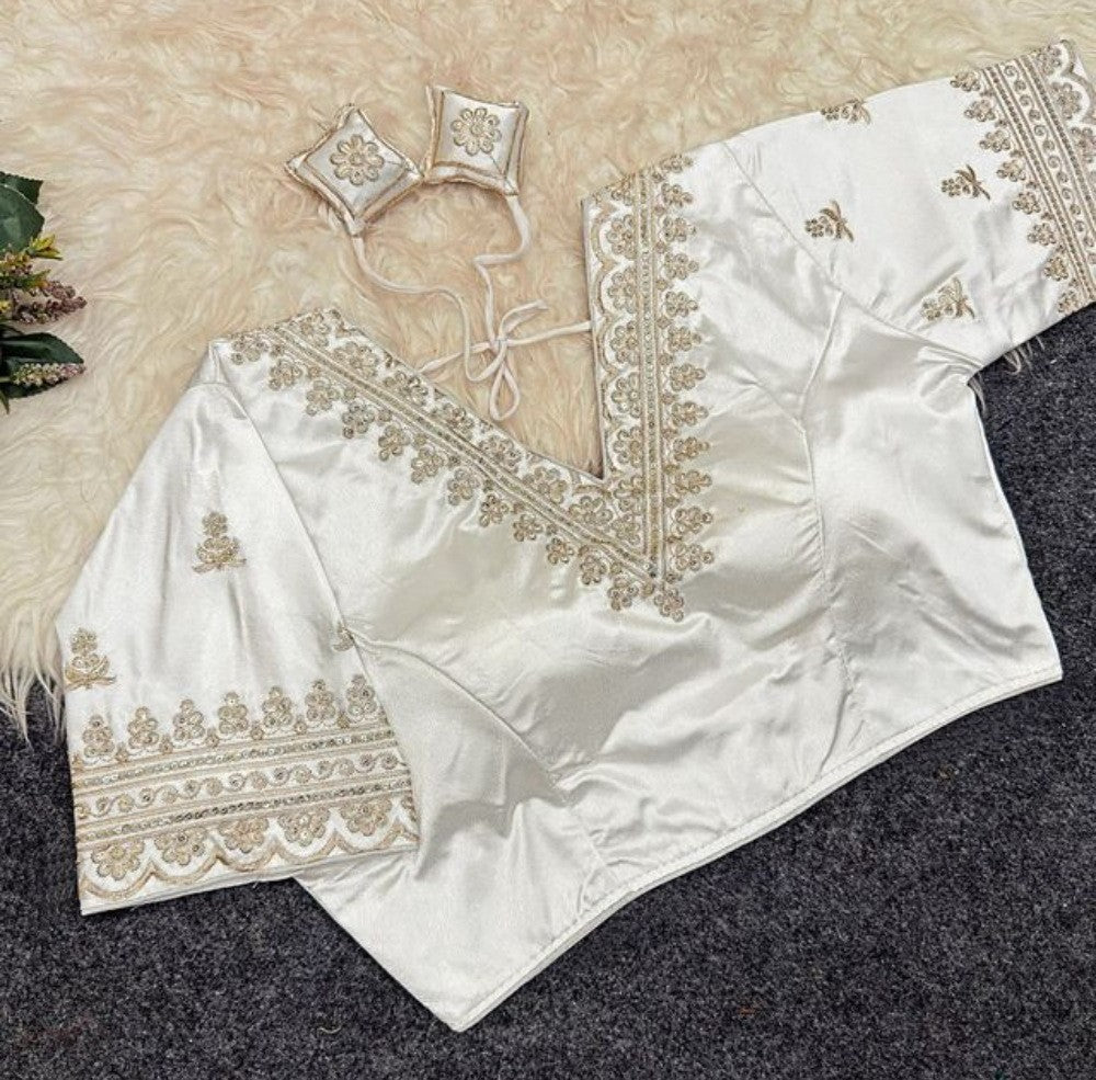 Women's Satin Embroidered Half sleeve V-Neck Padded Readymade Blouse (White, Size 38 - Self-Alterable 36�40)