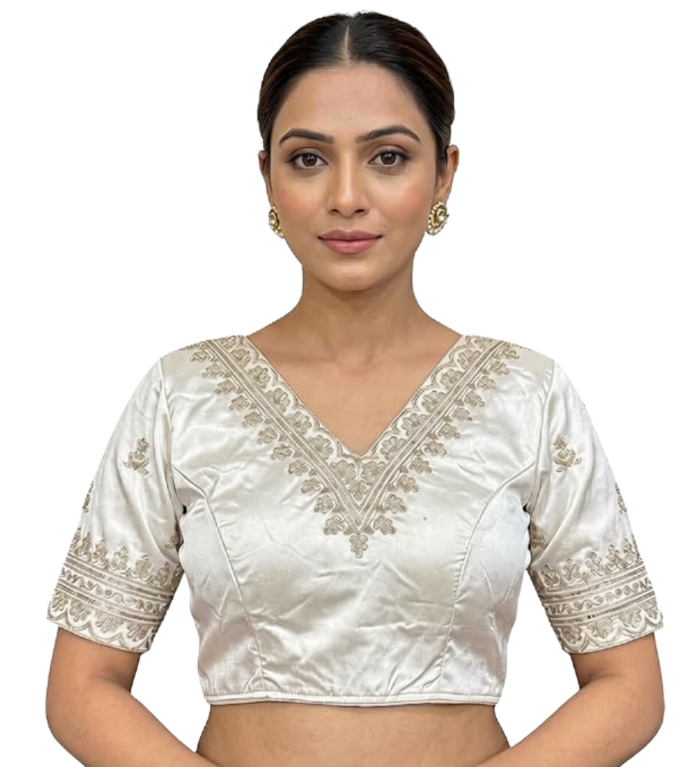 Women's Satin Embroidered Half sleeve V-Neck Padded Readymade Blouse (White, Size 38 - Self-Alterable 36�40)