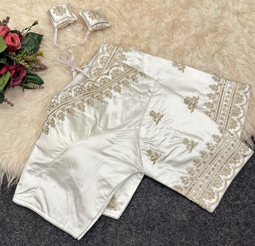 Women's Satin Embroidered Half sleeve V-Neck Padded Readymade Blouse (White, Size 38 - Self-Alterable 36�40)