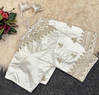 Women's Satin Embroidered Half sleeve V-Neck Padded Readymade Blouse (White, Size 38 - Self-Alterable 36�40)