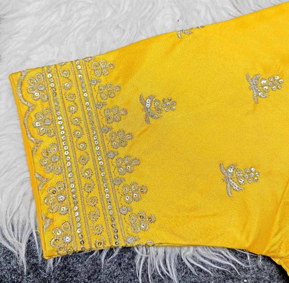 Women's Satin Embroidered Half sleeve V-Neck Padded Readymade Blouse (Yellow, Size 38 - Self-Alterable 36�40)