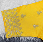 Women's Satin Embroidered Half sleeve V-Neck Padded Readymade Blouse (Yellow, Size 38 - Self-Alterable 36�40)