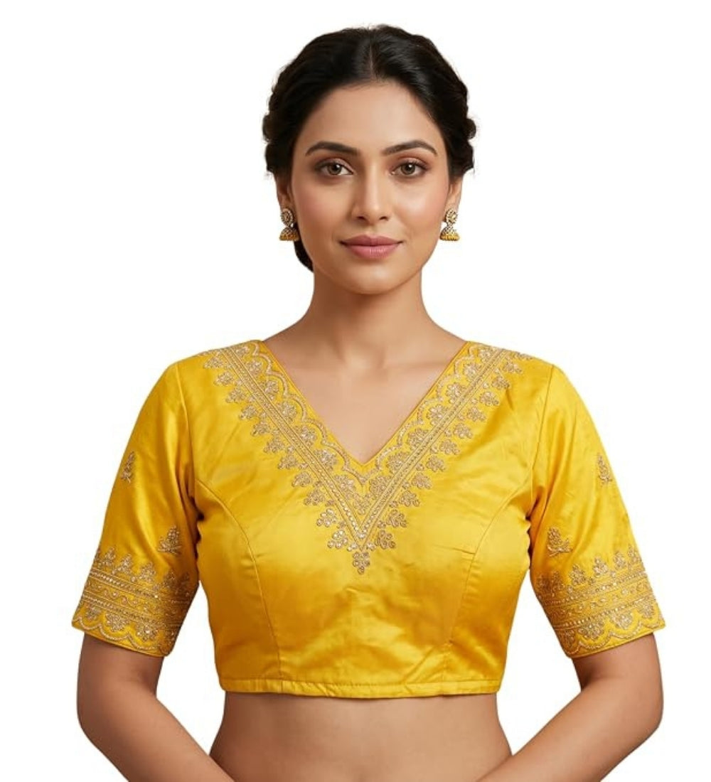 Women's Satin Embroidered Half sleeve V-Neck Padded Readymade Blouse (Yellow, Size 38 - Self-Alterable 36�40)