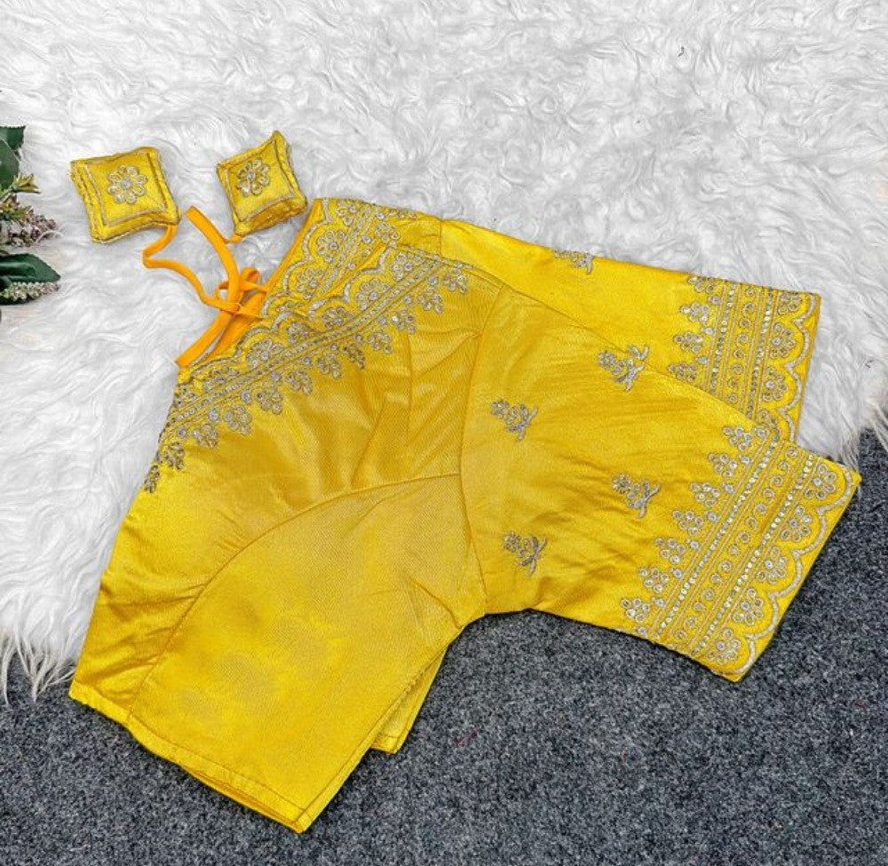 Women's Satin Embroidered Half sleeve V-Neck Padded Readymade Blouse (Yellow, Size 38 - Self-Alterable 36�40)