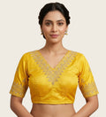 Women's Satin Embroidered Half sleeve V-Neck Padded Readymade Blouse (Yellow, Size 38 - Self-Alterable 36�40)