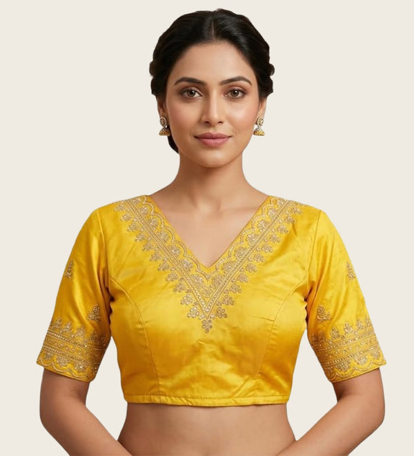 Women's Satin Embroidered Half sleeve V-Neck Padded Readymade Blouse (Yellow, Size 38 - Self-Alterable 36�40)
