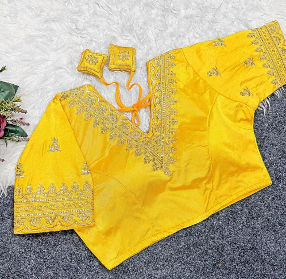 Women's Satin Embroidered Half sleeve V-Neck Padded Readymade Blouse (Yellow, Size 38 - Self-Alterable 36�40)