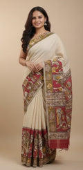 Women's Linen Kalamkari Printed Saree With Unstitched Blouse - 5.5 Mtr (Beige)