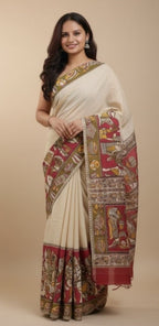 Women's Linen Kalamkari Printed Saree With Unstitched Blouse - 5.5 Mtr (Beige)