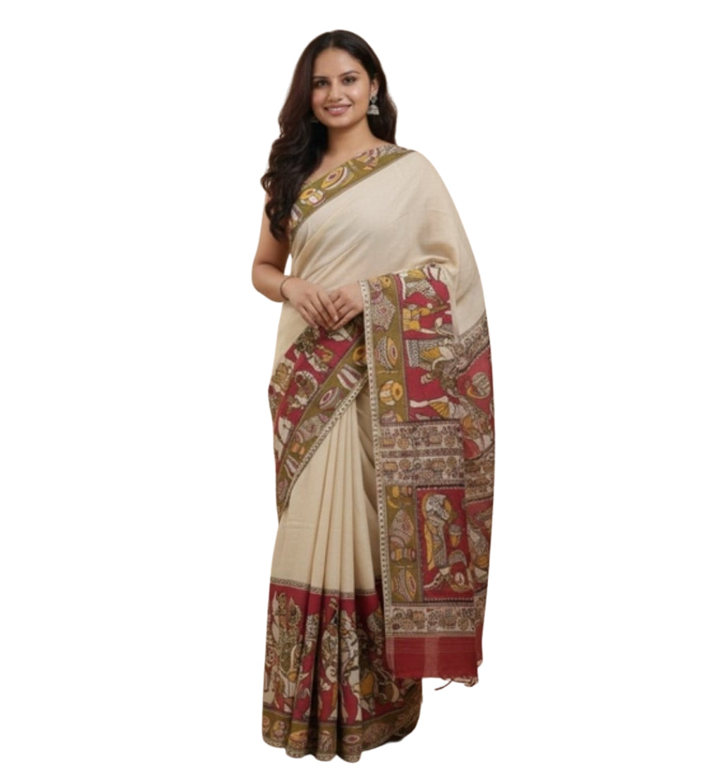 Women's Linen Kalamkari Printed Saree With Unstitched Blouse - 5.5 Mtr (Beige)