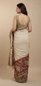 Women's Linen Kalamkari Printed Saree With Unstitched Blouse - 5.5 Mtr (Beige)