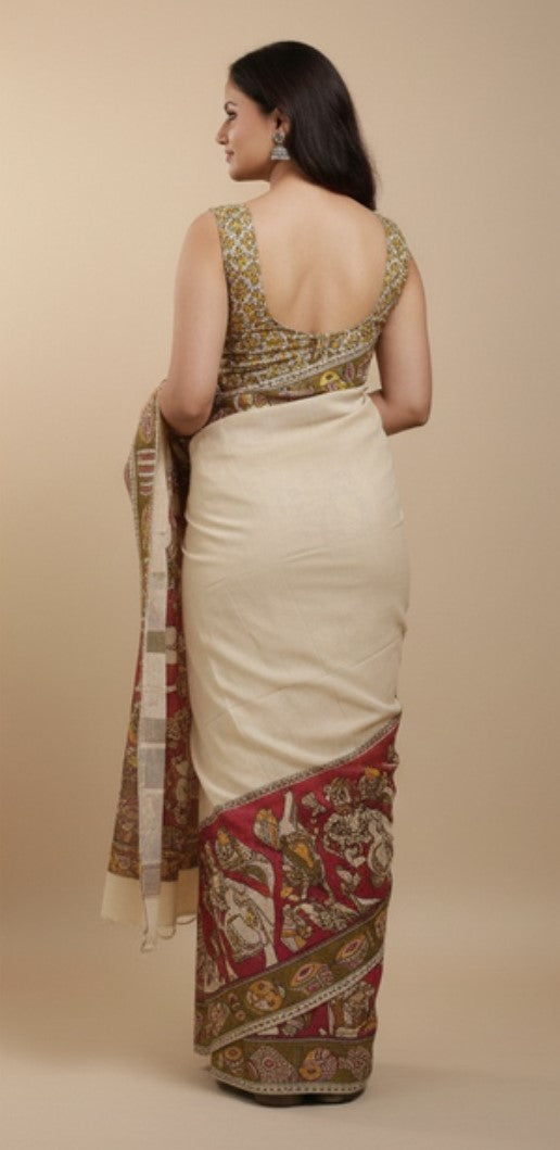Women's Linen Kalamkari Printed Saree With Unstitched Blouse - 5.5 Mtr (Beige)