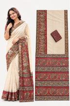 Women's Linen Kalamkari Printed Saree With Unstitched Blouse - 5.5 Mtr (Beige)