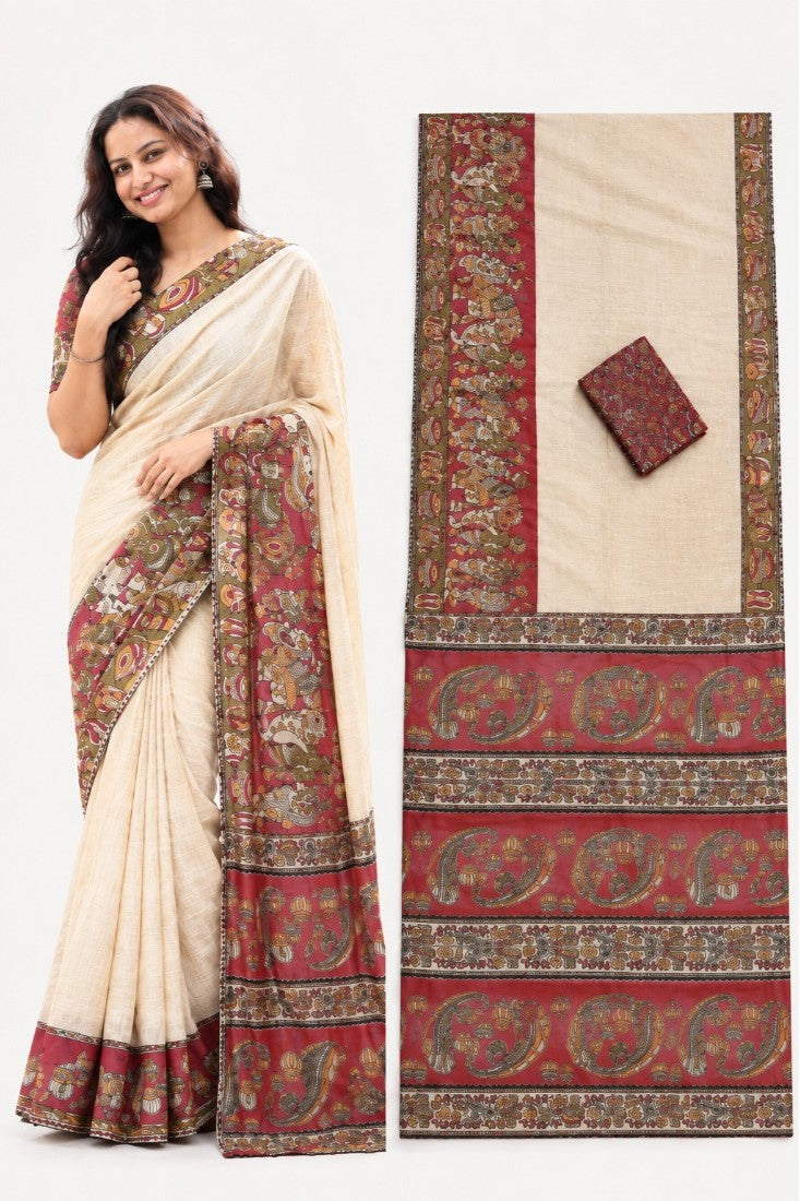 Women's Linen Kalamkari Printed Saree With Unstitched Blouse - 5.5 Mtr (Beige)