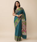 Women's Linen Kalamkari Printed Saree With Unstitched Blouse - 5.5 Mtr (Teal)
