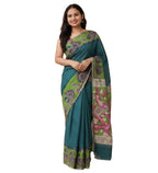 Women's Linen Kalamkari Printed Saree With Unstitched Blouse - 5.5 Mtr (Teal)