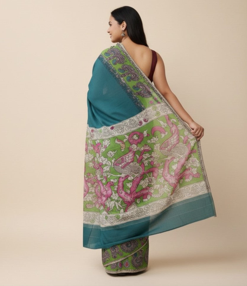 Women's Linen Kalamkari Printed Saree With Unstitched Blouse - 5.5 Mtr (Teal)