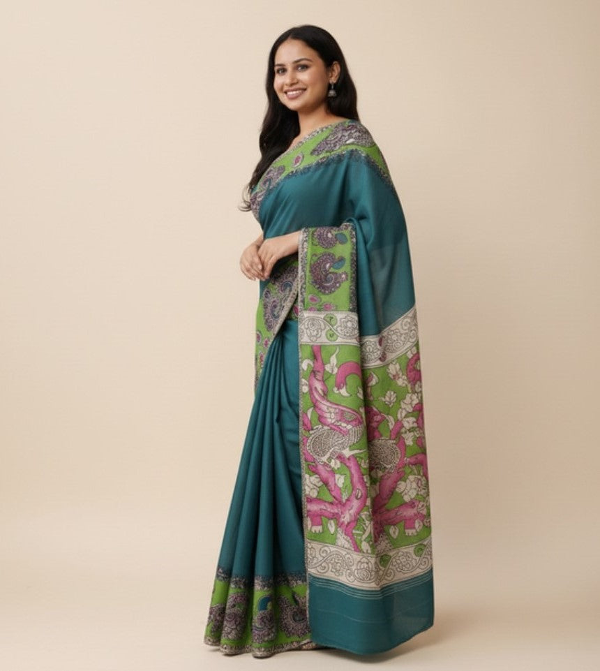 Women's Linen Kalamkari Printed Saree With Unstitched Blouse - 5.5 Mtr (Teal)