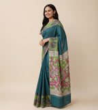 Women's Linen Kalamkari Printed Saree With Unstitched Blouse - 5.5 Mtr (Teal)