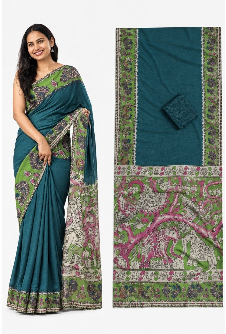 Women's Linen Kalamkari Printed Saree With Unstitched Blouse - 5.5 Mtr (Teal)
