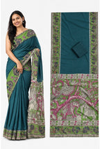 Women's Linen Kalamkari Printed Saree With Unstitched Blouse - 5.5 Mtr (Teal)