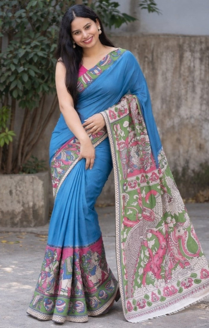 Women's Linen Kalamkari Printed Saree With Unstitched Blouse - 5.5 Mtr (Blue)