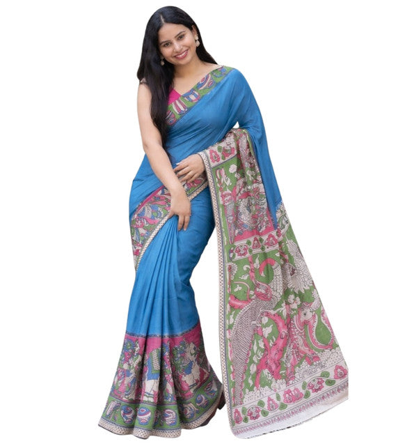 Women's Linen Kalamkari Printed Saree With Unstitched Blouse - 5.5 Mtr (Blue)