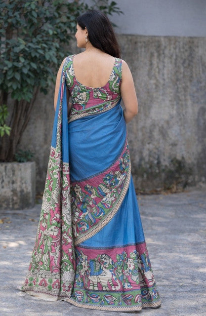 Women's Linen Kalamkari Printed Saree With Unstitched Blouse - 5.5 Mtr (Blue)