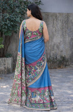 Women's Linen Kalamkari Printed Saree With Unstitched Blouse - 5.5 Mtr (Blue)