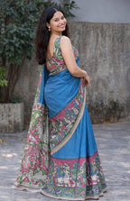 Women's Linen Kalamkari Printed Saree With Unstitched Blouse - 5.5 Mtr (Blue)