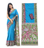 Women's Linen Kalamkari Printed Saree With Unstitched Blouse - 5.5 Mtr (Blue)