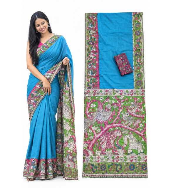 Women's Linen Kalamkari Printed Saree With Unstitched Blouse - 5.5 Mtr (Blue)