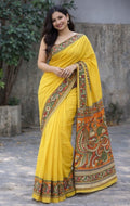 Women's Linen Kalamkari Printed Saree With Unstitched Blouse - 5.5 Mtr (Yellow)