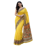 Women's Linen Kalamkari Printed Saree With Unstitched Blouse - 5.5 Mtr (Yellow)