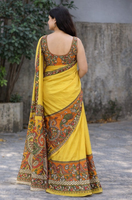 Women's Linen Kalamkari Printed Saree With Unstitched Blouse - 5.5 Mtr (Yellow)