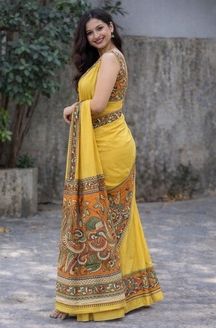 Women's Linen Kalamkari Printed Saree With Unstitched Blouse - 5.5 Mtr (Yellow)