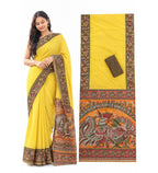 Women's Linen Kalamkari Printed Saree With Unstitched Blouse - 5.5 Mtr (Yellow)