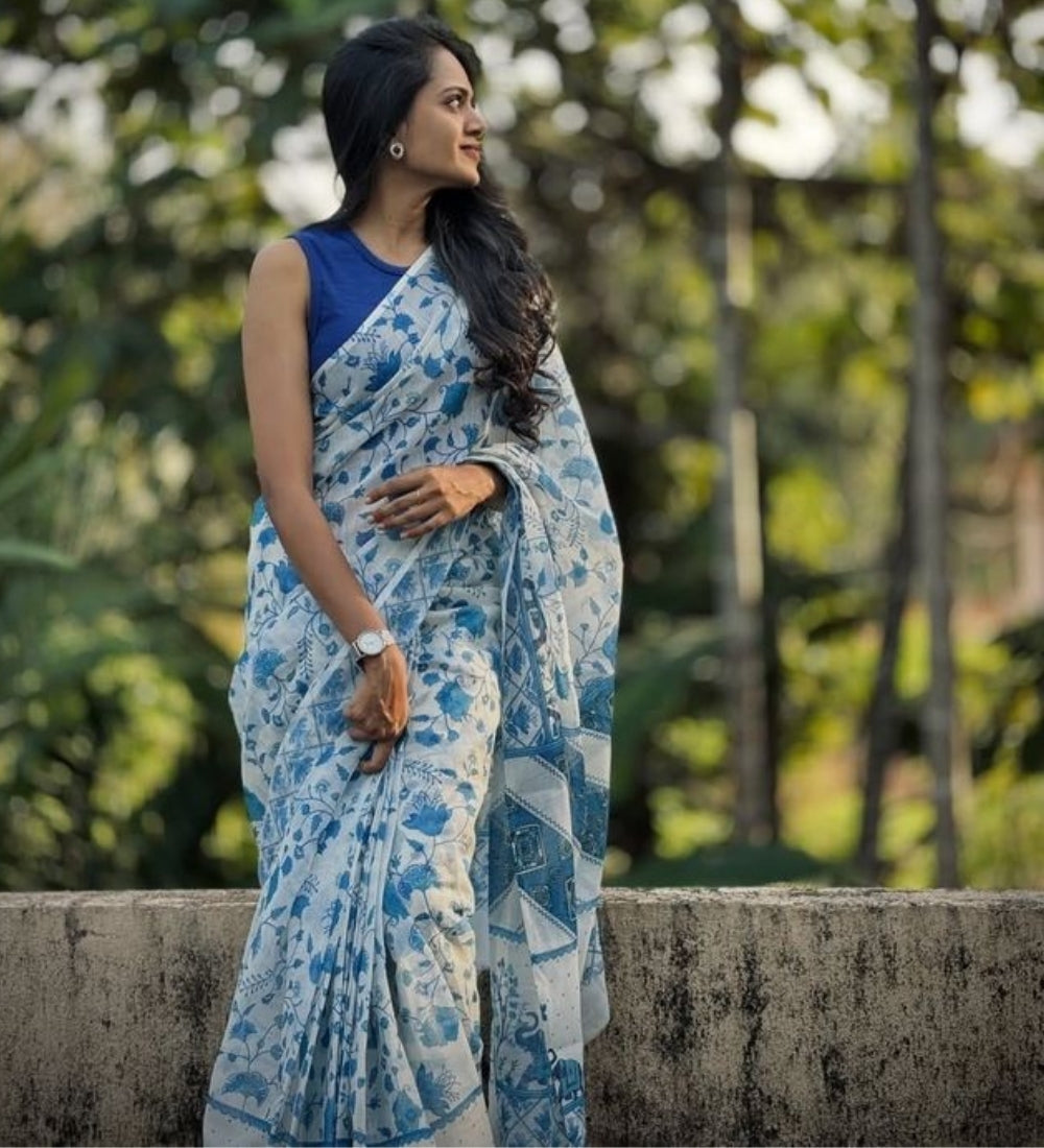 Women's Linen Floral Printeded Saree With Unstitched Blouse - 5.5 Mtr (White-Blue)