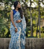 Women's Linen Floral Printeded Saree With Unstitched Blouse - 5.5 Mtr (White-Blue)