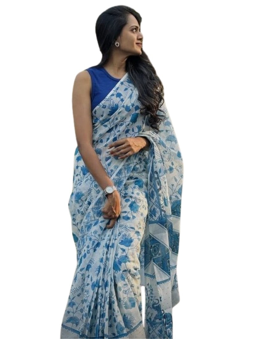 Women's Linen Floral Printeded Saree With Unstitched Blouse - 5.5 Mtr (White-Blue)