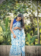 Women's Linen Floral Printeded Saree With Unstitched Blouse - 5.5 Mtr (White-Blue)