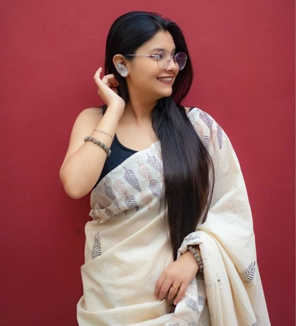 Women's Linen Printed Saree With Unstitched Blouse - 5.5 Mtr (Cream)