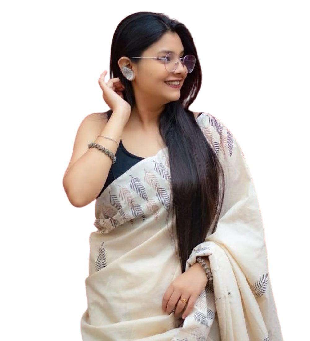 Women's Linen Printed Saree With Unstitched Blouse - 5.5 Mtr (Cream)