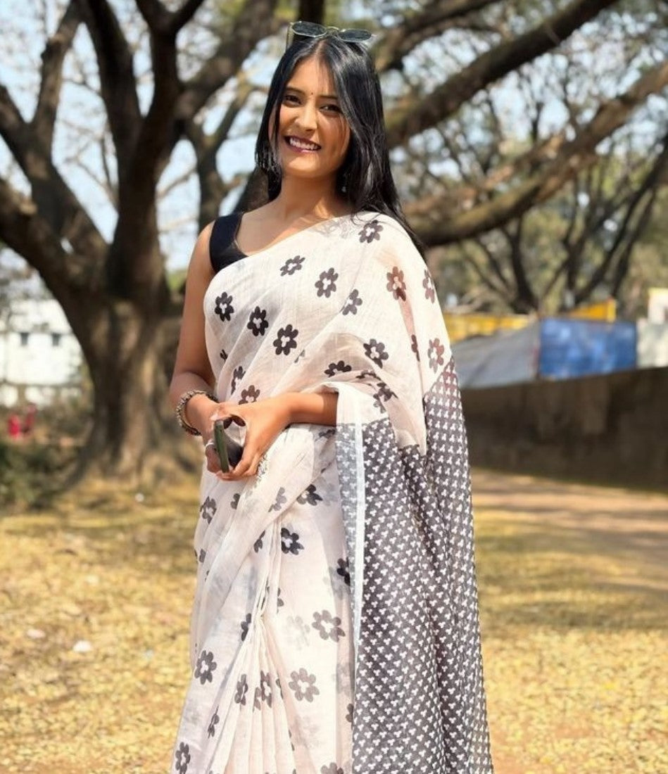 Women's Linen Floral Printed Saree With Unstitched Blouse - 5.5 Mtr (White)