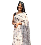 Women's Linen Floral Printed Saree With Unstitched Blouse - 5.5 Mtr (White)