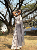 Women's Linen Floral Printed Saree With Unstitched Blouse - 5.5 Mtr (White)
