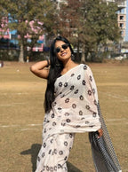 Women's Linen Floral Printed Saree With Unstitched Blouse - 5.5 Mtr (White)