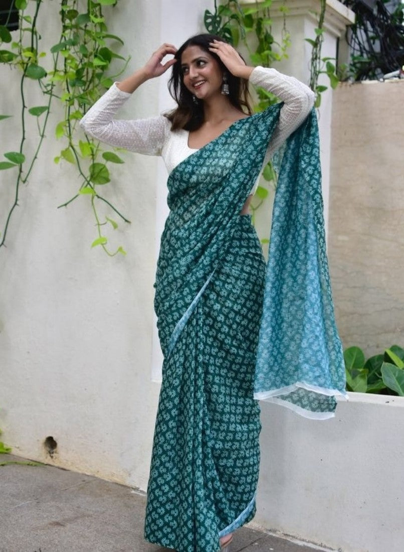 Women's Linen Floral Printed Saree With Unstitched Blouse - 5.5 Mtr (Teal Green)