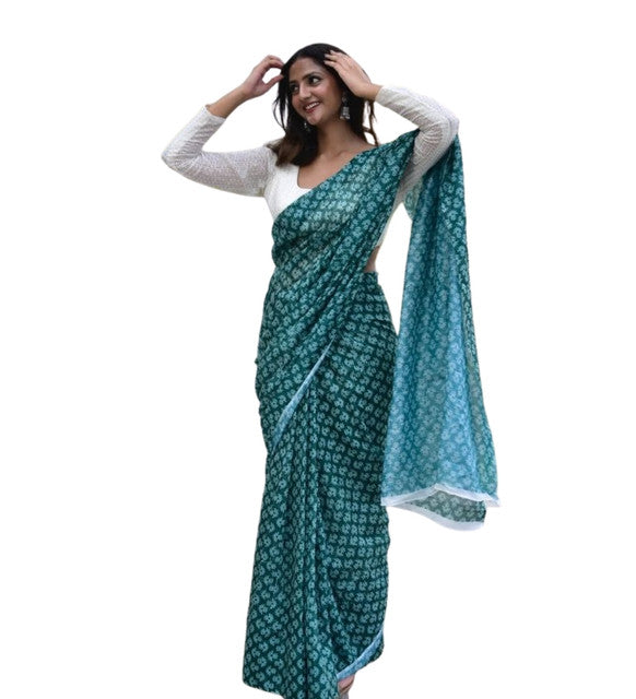 Women's Linen Floral Printed Saree With Unstitched Blouse - 5.5 Mtr (Teal Green)